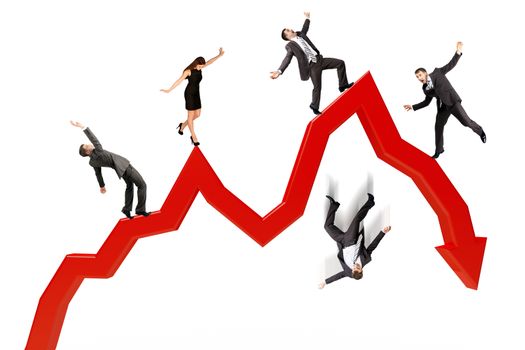 Business people falling from arrow isolated on white background