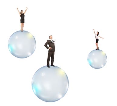 Set of business people flying on bubbles isolated on white background