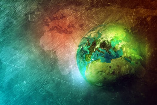 Colorful Earth globe with light, closeup. Elements of this image furnished by NASA