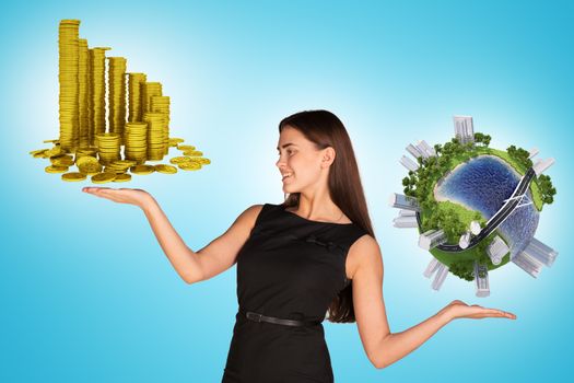 Businesswoman holding coins and earth globe, saving planet concept