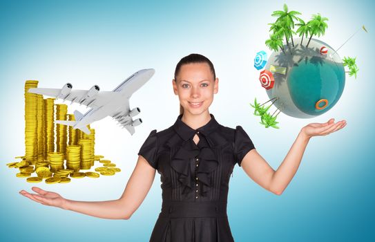 Businesswoman holding coins and earth globe, saving planet concept