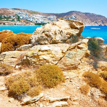 in greece the mykonos island rock sea and beach    sky