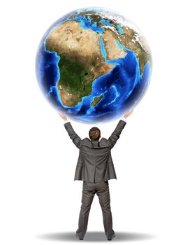 Businessman holding earth globe isolated on white background. Elements of this image furnished by NASA