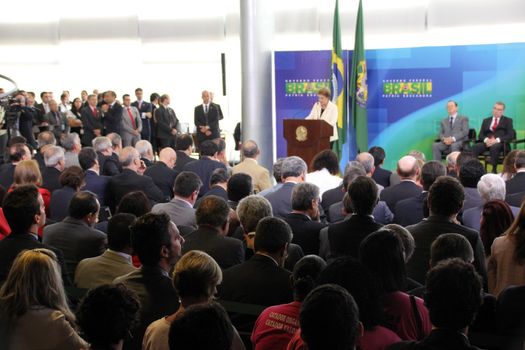 BRAZIL, Brasilia: President Dilma Rousseff speaks at a ceremony to appoint former President Luiz Inácio Lula da Silva to the cabinet on March 17, 2016 in Brasilia.The decision resulted in protests throughout the country, with some thinking that the appointment of the former president was an attempt to save him from charges in a corruption scandal.
