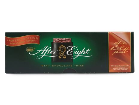 PULA, CROATIA - MARCH 15, 2016: Box of Nestle's After Eight mint chocolate thins on white background. Established in 1962, After Eight is recognized as the leading mint chocolate brand.