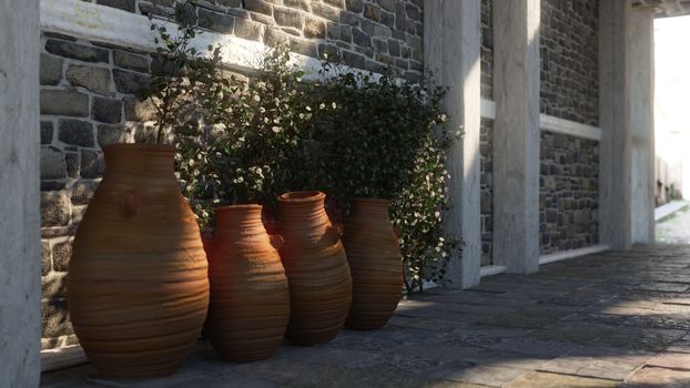 Ancient street with shadows, pitchers and plant