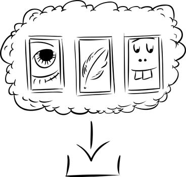 Outline doodle of silly icons as files in computer server cloud ready for download