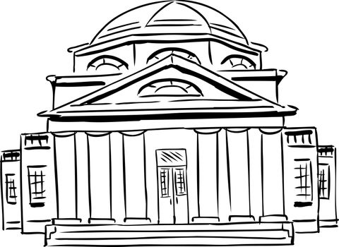 Outlined front view on single church with six tuscan style columns and domical roof