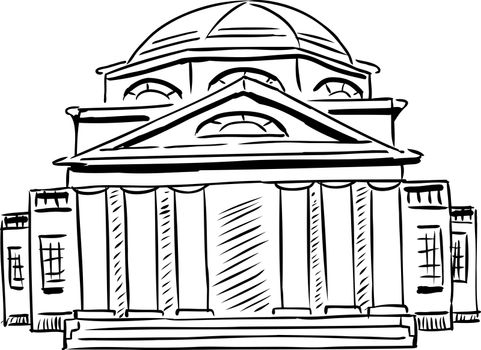 Outlined exterior front view on single neoclassical building with obscured doorway and domed roof