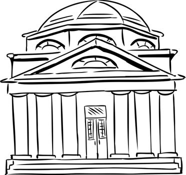 Outlined synagogue sketch with curved windows and single door