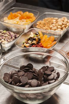 Ingredients and preparation of italian Easter milk and dark choccolate eggs and sweets