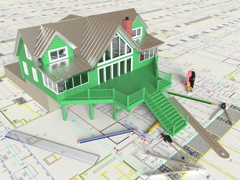 Rendering of the house architectural drawing and layout