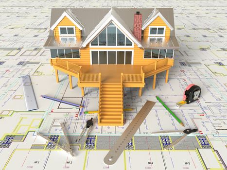 Rendering of the house architectural drawing and layout