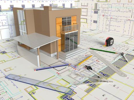 Rendering of the house architectural drawing and layout