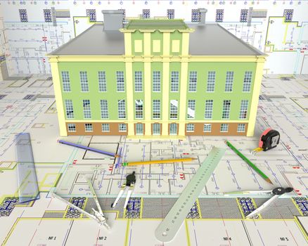 Rendering of the house architectural drawing and layout