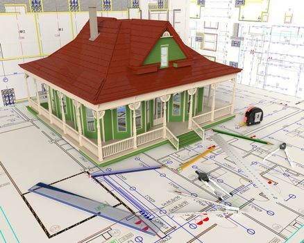 Rendering of the house architectural drawing and layout