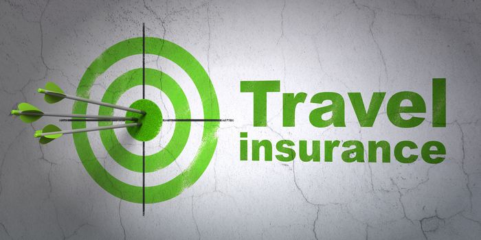 Success Insurance concept: arrows hitting the center of target, Green Travel Insurance on wall background