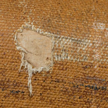 Detail (damage) of an old canvas suitcase, close-up, vintage look