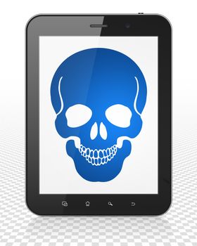 Medicine concept: Tablet Pc Computer with blue Scull icon on display