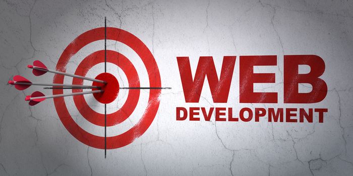 Success web development concept: arrows hitting the center of target, Red Web Development on wall background