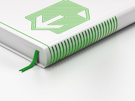 Web development concept: closed book with Green Download icon on floor, white background, 3d render