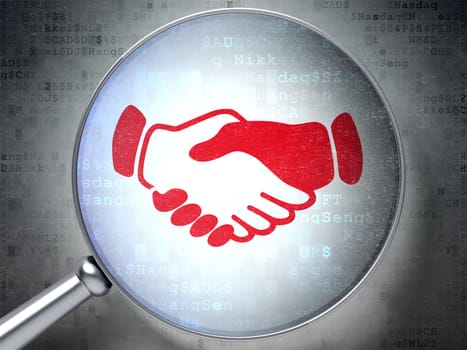 Business concept: magnifying optical glass with Handshake icon on digital background