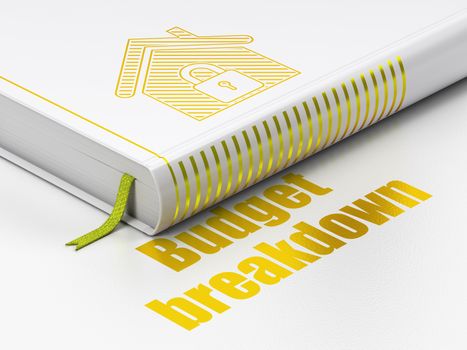 Business concept: closed book with Gold Home icon and text Budget Breakdown on floor, white background, 3d render