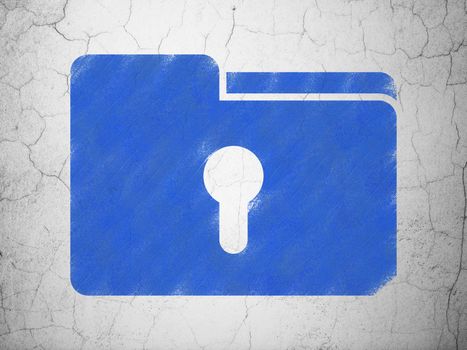 Business concept: Blue Folder With Keyhole on textured concrete wall background