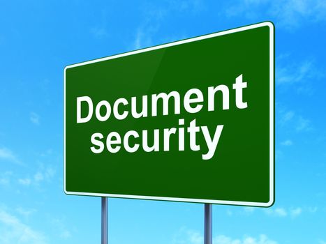 Security concept: Document Security on green road highway sign, clear blue sky background, 3d render