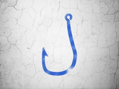 Protection concept: Blue Fishing Hook on textured concrete wall background