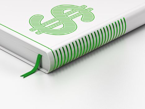 Money concept: closed book with Green Dollar icon on floor, white background, 3d render