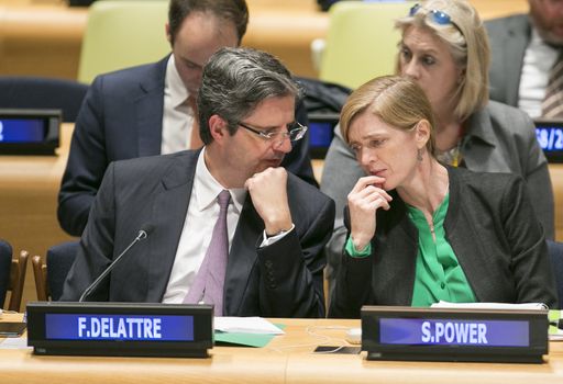 UNITED STATES, New York City: France Permanent Representative to the United Nations François Delattre (L) talks to United States Permanent Representative to the United Nations Samantha Power (R) during a roundtable meeting dedicated to the second anniversary of the adoption of the UN General Assembly's resolution on the territorial integrity of Ukraine on March 17, 2016. 