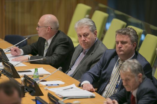 UNITED STATES, New York City: New Ukraine Permanent Representative to the United Nations Volodymyr Yelchenko (2ndL) takes part at a roundtable meeting dedicated to the second anniversary of the adoption of the UN General Assembly's resolution on the territorial integrity of Ukraine on March 17, 2016. 