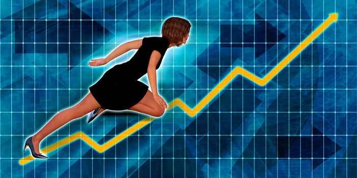Hispanic Businesswoman Running with Chart Graph Background Art