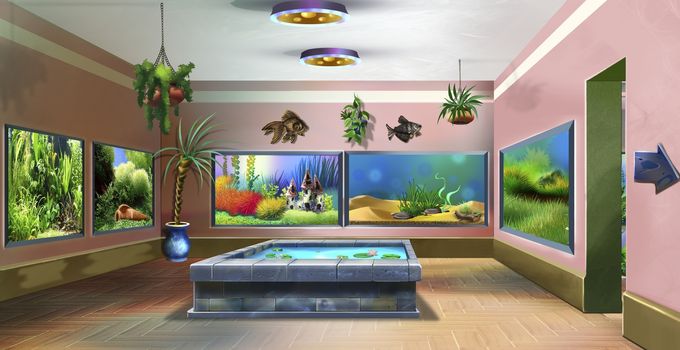 Digital painting of the interior of pet shop with aquariums.