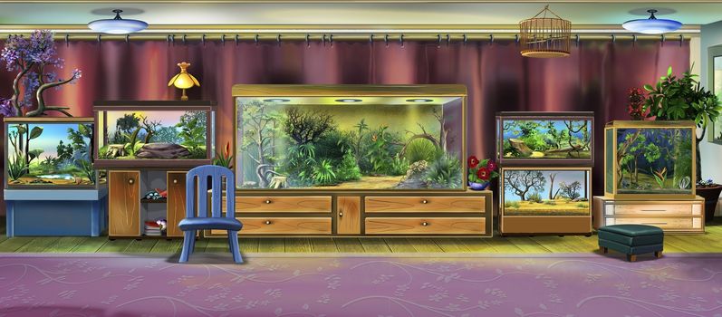 Digital painting of the Room Interior with Terrariums