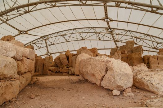 General view of ancient limestone structures of Hagar Qim and Gnajdra Temples in Qrendi, Malta.