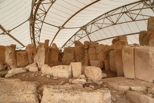 General view of ancient limestone structures of Hagar Qim and Gnajdra Temples in Qrendi, Malta.