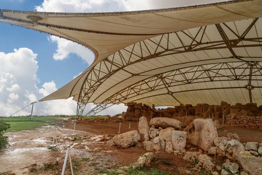 General view of ancient limestone structures of Hagar Qim and Gnajdra Temples in Qrendi, Malta.