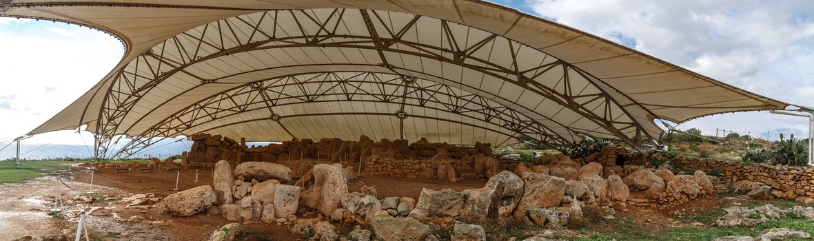 General view of ancient limestone structures of Hagar Qim and Gnajdra Temples in Qrendi, Malta.