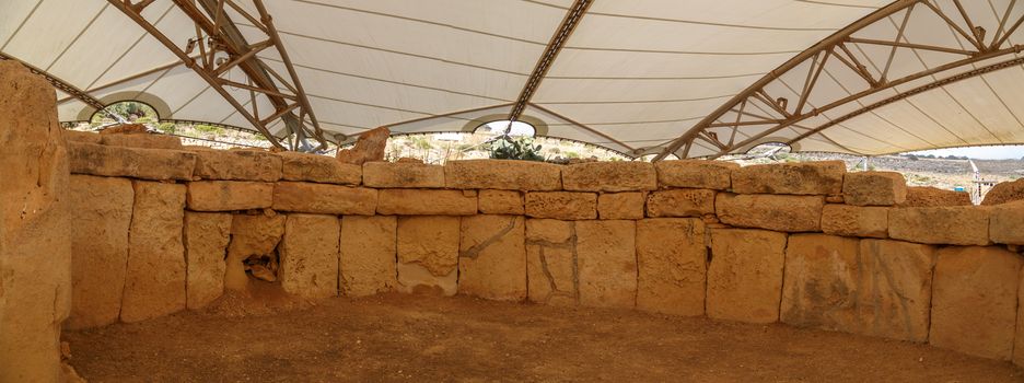 General view of ancient limestone structures of Hagar Qim and Gnajdra Temples in Qrendi, Malta.