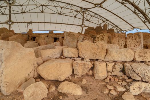 General view of ancient limestone structures of Hagar Qim and Gnajdra Temples in Qrendi, Malta.