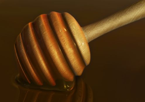 a honey dipper or wand dipped in thick, smooth golden honey