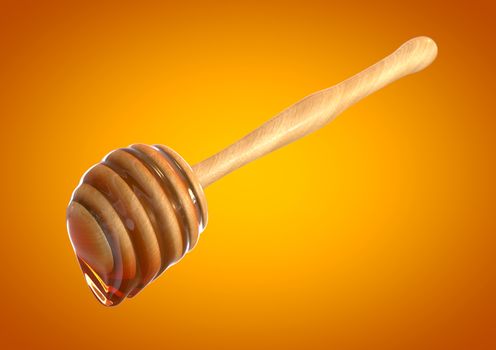 a honey dipper or wand dripping with thick, smooth golden honey in front of yellow and orange gradient background