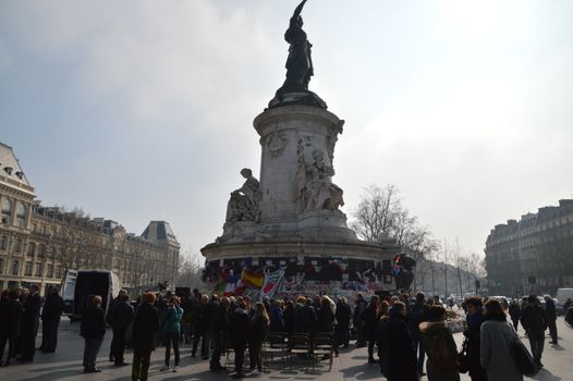 FRANCE, Paris: French relatives of victims and survivors of National Bardo Museum attack gather place de la République in Paris on March 18, 2016 to pay tribute to the 22 people killed in an attack on the National Bardo Museum in Tunis, Tunisia a year ago. 