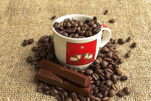 chocolate and coffee bauns on the texture of the bag from the fibers