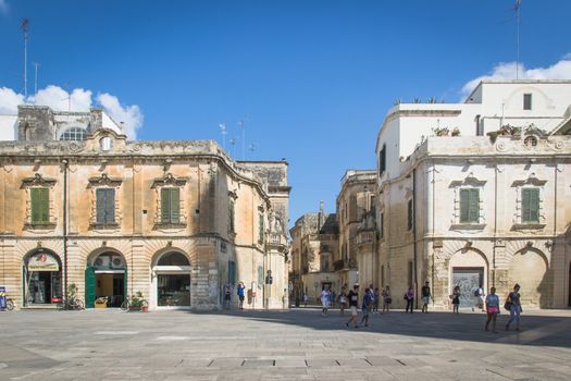 Lecce, Italy - August 6, 2014: Detail of the buildings in baroque style in Cathedral Square, Lecce.