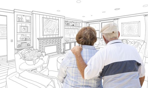 Curious Senior Couple Looking Over Custom Living Room Design Drawing.