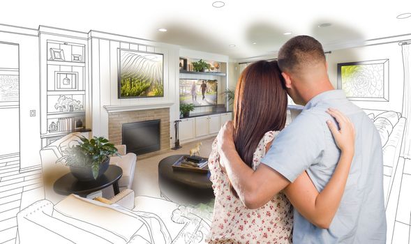 Curious Young Military Couple Looking Over Custom Living Room Design Drawing Photo Combination.