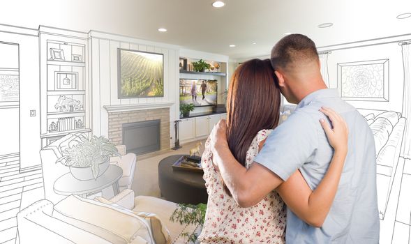 Curious Young Military Couple Looking Over Custom Living Room Design Drawing Photo Combination.